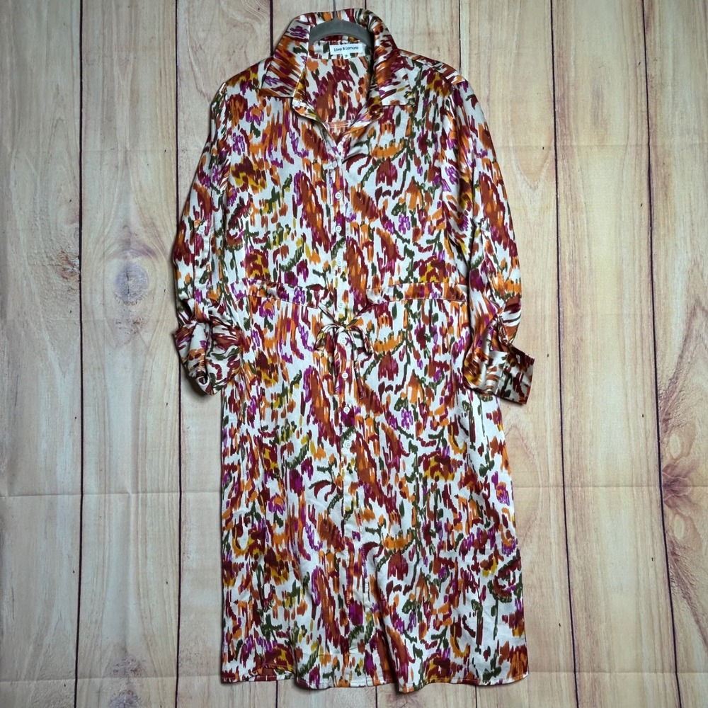 New Love & Lemons Shirt Dress Womens P Multicolor Abstract Ikat Satin Boho Chic